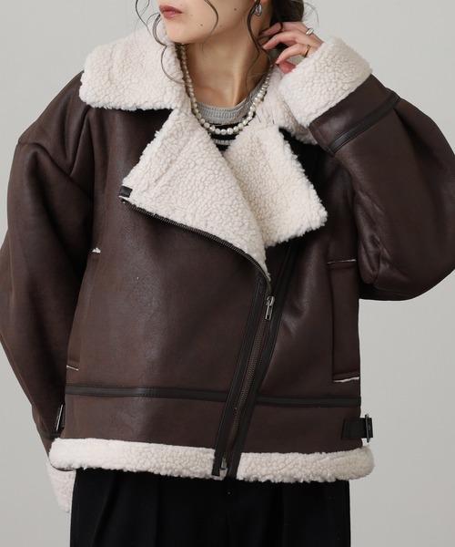 セール】ボア切り替え フェイクレザージャケット（ライダース