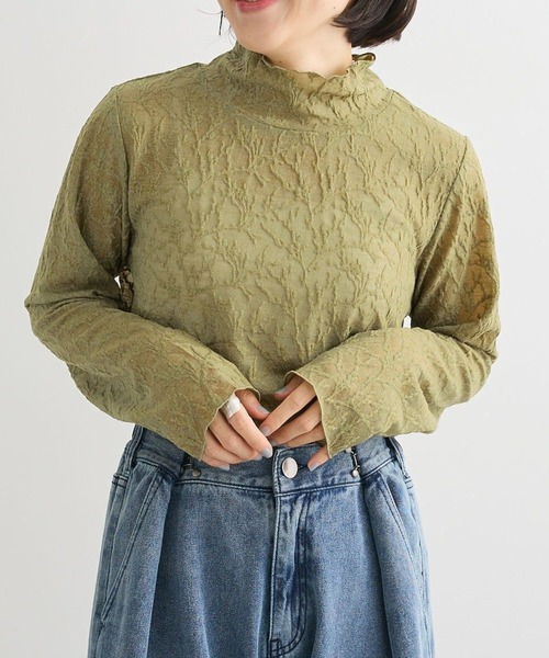 Green　Parks（グリーンパークス）の「レースハイネックプルオーバー（Tシャツ/カットソー・レディース・ブラック/カーキ/アイボリー・FREE）」の3枚目の写真