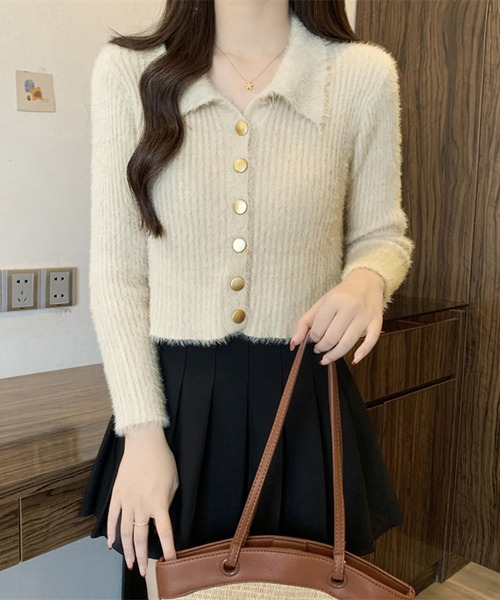 Girly Doll(ガーリードール)の「襟付きシャギーニットカーディガン(ニット/セーター・レディース・ホワイト/ベージュ/グレー/ブラック・FREE)」の4枚目の写真