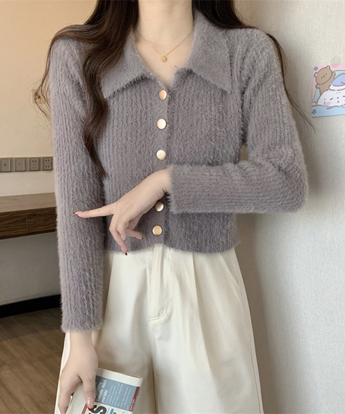 Girly Doll(ガーリードール)の「襟付きシャギーニットカーディガン(ニット/セーター・レディース・ホワイト/ベージュ/グレー/ブラック・FREE)」の3枚目の写真