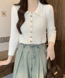 襟付きシャギーニットカーディガン