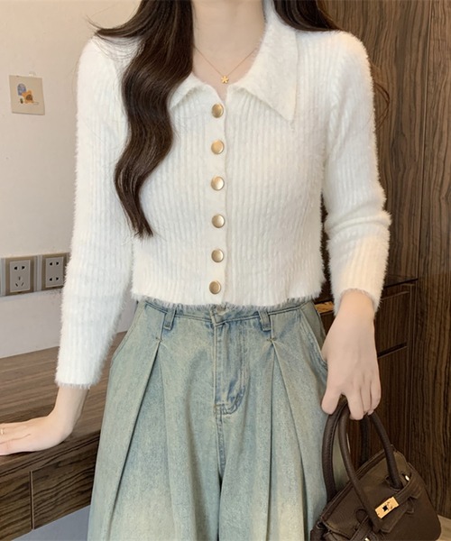 Girly Doll(ガーリードール)の「襟付きシャギーニットカーディガン(ニット/セーター・レディース・ホワイト/ベージュ/グレー/ブラック・FREE)」の1枚目の写真