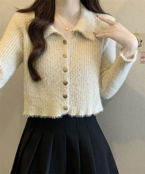 Girly Doll(ガーリードール)の「襟付きシャギーニットカーディガン(ニット/セーター・レディース・ホワイト/ベージュ/グレー/ブラック・FREE)」の10枚目の写真
