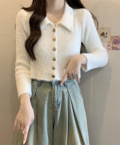 Girly Doll(ガーリードール)の「襟付きシャギーニットカーディガン(ニット/セーター・レディース・ホワイト/ベージュ/グレー/ブラック・FREE)」の7枚目の写真