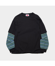 SOME PLACE（サムプレイス）の「Tone-on-tone sleeve stripe color block layered t-shirt [black]（Tシャツ/カットソー）」