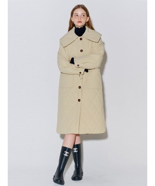 ビッグカラーキルティングロングコートベージュ（ダウンジャケット