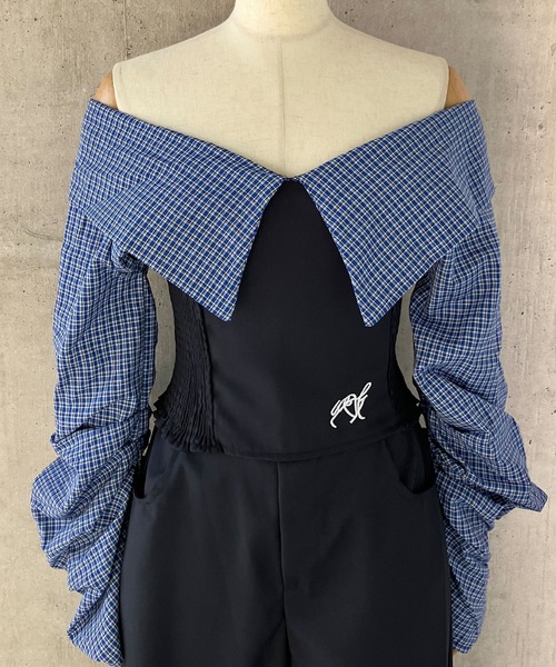 meJane（ミージェーン）の「チェック柄ドッキング オフショルダートップス × ワイドパンツ セットアップ（セットアップ・レディース・ネイビー・L/M）」の9枚目の写真