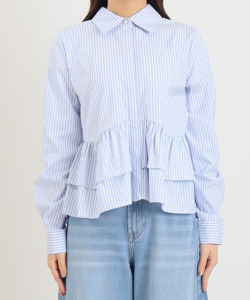 ASTORIA ODIER（アストリアオディール）の「ティアード裾フリルシャツ(ストライプ柄、無地)（シャツ/ブラウス・レディース・ホワイト/ホワイト×ブルー/サックスブルー・MEDIUM）」の22枚目の写真