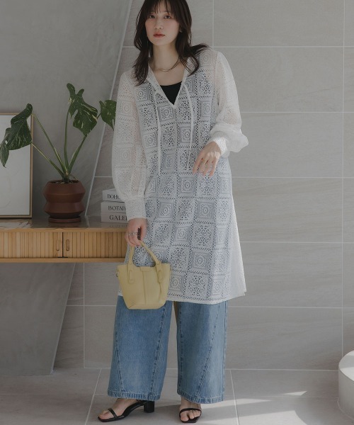 slattgir(スラットジール)の「高身長 ブロックレースチュニックワンピース(トールサイズ)Essenave(ワンピース・レディース・オフホワイト/ブラック・TLL/TL/TM/T5L/T4L/T3L)」の3枚目の写真