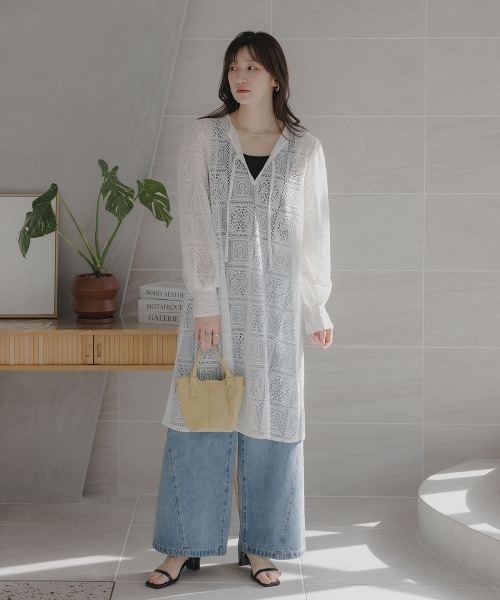 slattgir(スラットジール)の「高身長 ブロックレースチュニックワンピース(トールサイズ)Essenave(ワンピース・レディース・オフホワイト/ブラック・TLL/TL/TM/T5L/T4L/T3L)」の4枚目の写真