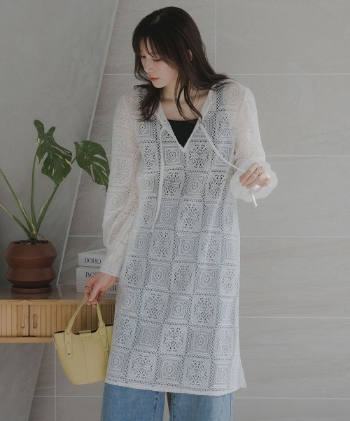 slattgir(スラットジール)の「高身長 ブロックレースチュニックワンピース(トールサイズ)Essenave(ワンピース・レディース・オフホワイト/ブラック・TLL/TL/TM/T5L/T4L/T3L)」の6枚目の写真