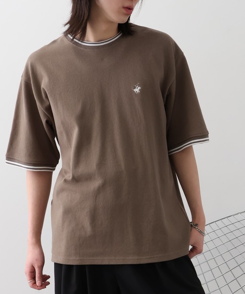 BEVERLY HILLS POLO CLUB（ビバリーヒルズポロクラブ）の「【Beverly Hills Polo Club/ビバリーヒルズ ポロクラブ】ロゴ刺繍 リブライン 鹿の子 クルーネック Tシャツ（Tシャツ/カットソー・メンズ・ブラック/グリーン/ホワイト/ネイビー/オリーブ/サックスブルー・M/L/LL）」の4枚目の写真