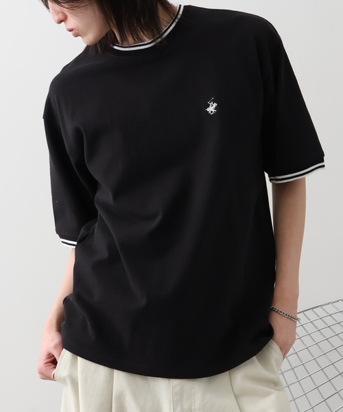 BEVERLY HILLS POLO CLUB（ビバリーヒルズポロクラブ）の「【Beverly Hills Polo Club/ビバリーヒルズ ポロクラブ】ロゴ刺繍 リブライン 鹿の子 クルーネック Tシャツ（Tシャツ/カットソー・メンズ・ブラック/グリーン/ホワイト/ネイビー/オリーブ/サックスブルー・M/L/LL）」の3枚目の写真