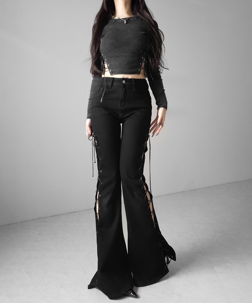 me+em select(ミームセレクト)の「【 2color 】ヴィンテージサイドレースアップカットアウトショートロンT / vintage side lace up cutout short long sleeve T-shirts(Tシャツ/カットソー・レディース・ブラック/ライトグレー・FREE)」の18枚目の写真