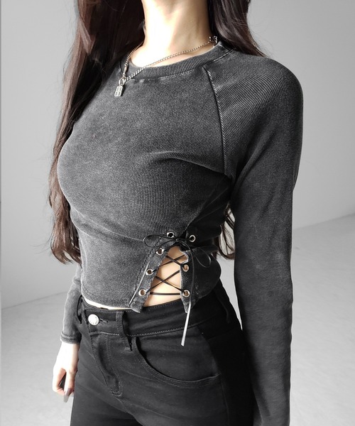 me+em select(ミームセレクト)の「【 2color 】ヴィンテージサイドレースアップカットアウトショートロンT / vintage side lace up cutout short long sleeve T-shirts(Tシャツ/カットソー・レディース・ブラック/ライトグレー・FREE)」の20枚目の写真