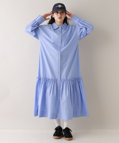 RAGEBLUE（レイジブルー）の「ボリュームスリーブ/ストライプシャツワンピース（シャツワンピース・レディース・ブルー/ベージュ・FREE）」の8枚目の写真