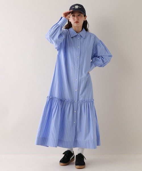 RAGEBLUE（レイジブルー）の「ボリュームスリーブ/ストライプシャツワンピース（シャツワンピース・レディース・ブルー/ベージュ・FREE）」の9枚目の写真