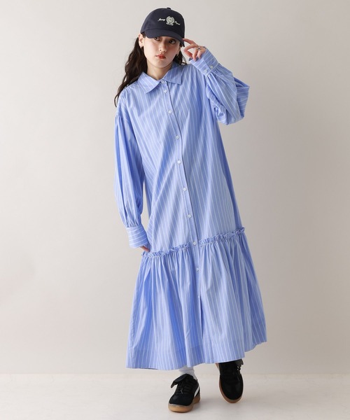 RAGEBLUE（レイジブルー）の「ボリュームスリーブ/ストライプシャツワンピース（シャツワンピース・レディース・ブルー/ベージュ・FREE）」の11枚目の写真