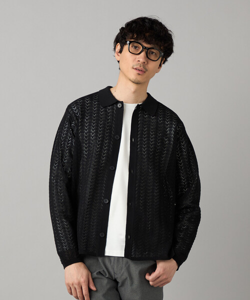 COMME CA MEN(コムサメン)の「透かし編み ポロカーディガン(カーディガン/ボレロ・メンズ・ブラック/ベージュ・L)」の1枚目の写真