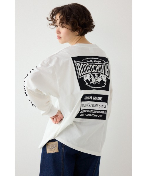 RODEO CROWNS WIDE BOWL（ロデオクラウンズワイドボウル）の「パッチデザインロングスリーブ Tシャツ（Tシャツ/カットソー・レディース・ブラック/ライトピンク/サックスブルー/オフホワイト・FREE）」の2枚目の写真