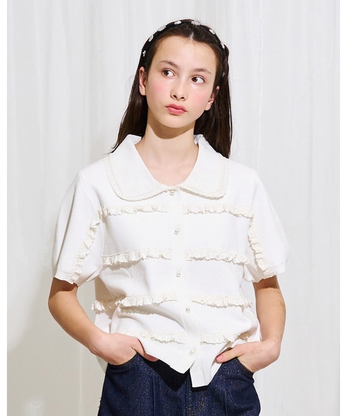 pom ponette junior（ポンポネットジュニア）の「【AMI】レースカーディガン（カーディガン/ボレロ・キッズ・オフホワイト/ブラック・L:160cm/M:150cm）」の2枚目の写真