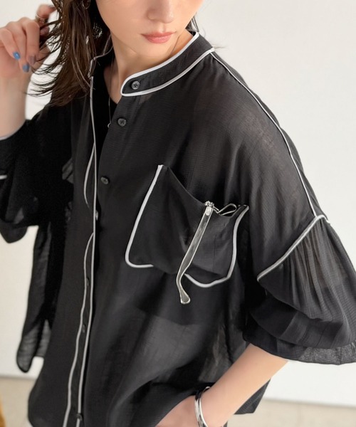classicalelf（クラシカルエルフ）の「ふわり透けて、抜け感きまる。大人のバンドカラー シアーパイピングポケットデザインシャツ（シャツ/ブラウス・レディース・ピンクベージュ/ブラック/オフホワイト・X-LARGE/SMALL/MEDIUM/LARGE）」の16枚目の写真