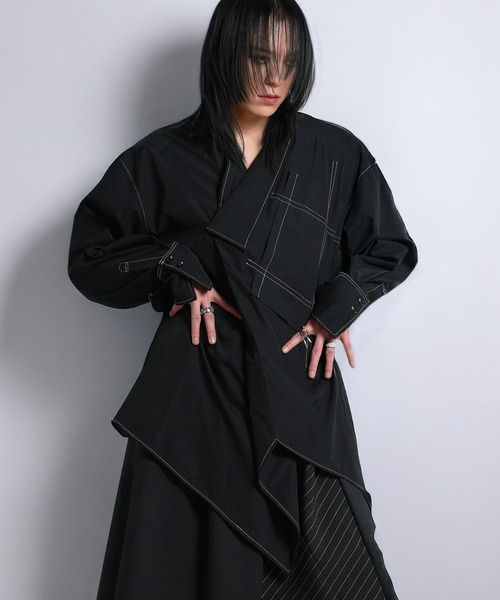 【期間限定値上げ中（4/3まで）】エトセンス　アシンメトリーシャツ セール】Asymmetry white stitch pullover shirt /アシンメトリー