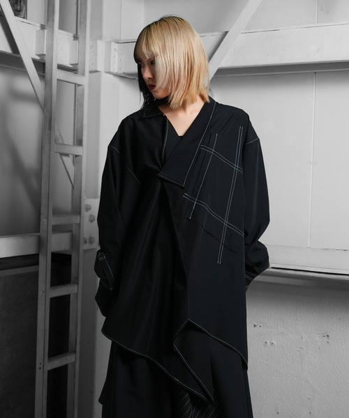 Ruze(ルゼ)の「Asymmetry white stitch pullover shirt /アシンメトリー ホワイトステッチ プルオーバー シャツ(シャツ/ブラウス・メンズ・ブラック・FREE)」の15枚目の写真