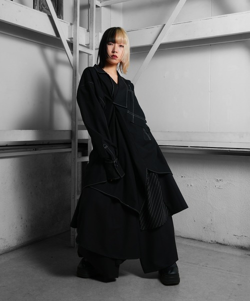 Ruze(ルゼ)の「Asymmetry white stitch pullover shirt /アシンメトリー ホワイトステッチ プルオーバー シャツ(シャツ/ブラウス・メンズ・ブラック・FREE)」の6枚目の写真