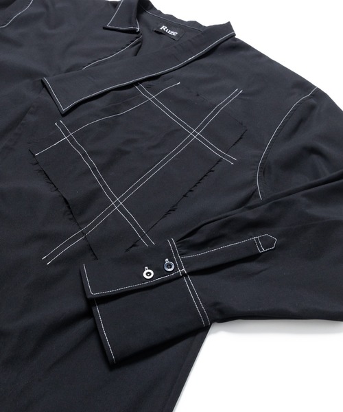 Ruze(ルゼ)の「Asymmetry white stitch pullover shirt /アシンメトリー ホワイトステッチ プルオーバー シャツ(シャツ/ブラウス・メンズ・ブラック・FREE)」の2枚目の写真