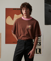 [コレクションライン] ハンドプリントディテールコットン半袖Tシャツブラウン