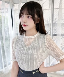 F i.n.t | ストライプレース5分袖トップス(Tシャツ/カットソー)