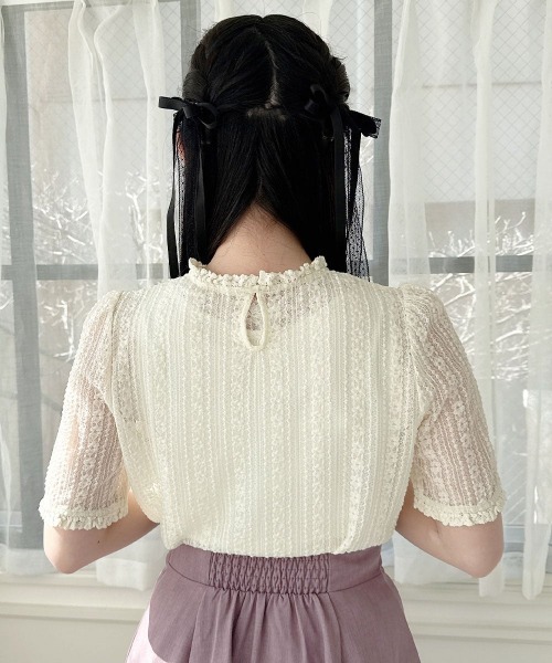 F i.n.t（フィント）の「ストライプレース5分袖トップス（Tシャツ/カットソー・レディース・アイボリー/オフホワイト・FREE）」の11枚目の写真