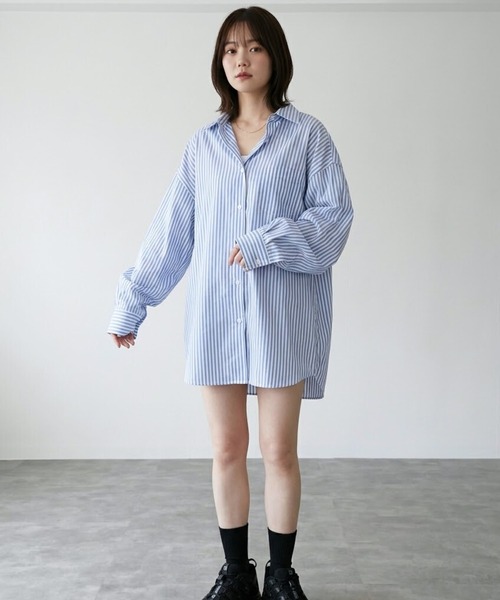 Belle Cie（ベルシー）の「ポップカラーストライプオーバーシャツ（シャツ/ブラウス・レディース・ブルー/ピンク/グリーン・S/M/L/XL/XXL）」の11枚目の写真