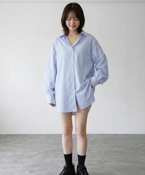 Belle Cie（ベルシー）の「ポップカラーストライプオーバーシャツ（シャツ/ブラウス・レディース・ブルー/ピンク/グリーン・S/M/L/XL/XXL）」の12枚目の写真