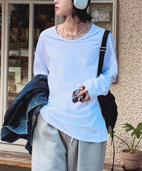 NOWLE（ノウル）の「【NOWLE】ルーズシルエット クルーネック ロングスリーブTシャツ / 無地 ロンT（Tシャツ/カットソー・メンズ・ホワイト/ブラック・SMALL/MEDIUM/LARGE/X-LARGE）」の3枚目の写真