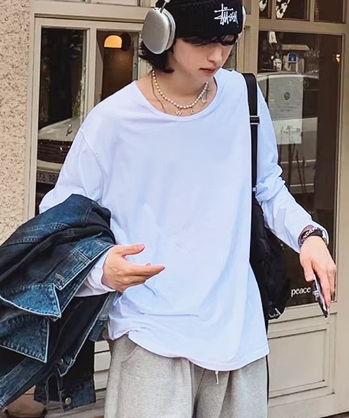 NOWLE（ノウル）の「【NOWLE】ルーズシルエット クルーネック ロングスリーブTシャツ / 無地 ロンT（Tシャツ/カットソー・メンズ・ホワイト/ブラック・SMALL/MEDIUM/LARGE/X-LARGE）」の4枚目の写真