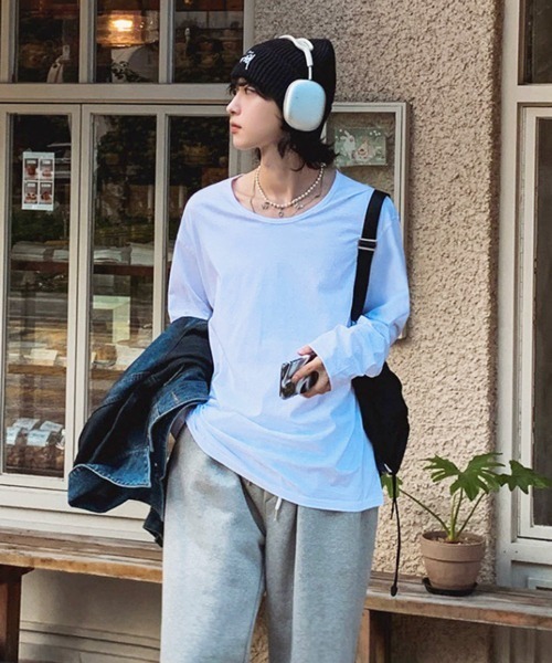 NOWLE（ノウル）の「【NOWLE】ルーズシルエット クルーネック ロングスリーブTシャツ / 無地 ロンT（Tシャツ/カットソー・メンズ・ホワイト/ブラック・SMALL/MEDIUM/LARGE/X-LARGE）」の7枚目の写真