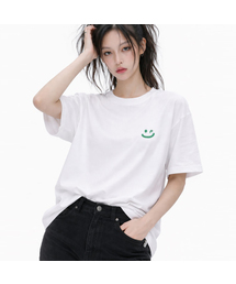 [ユニセックス]スモールドローイングスマイル半袖Tシャツ_ホワイト/グリーンロゴ