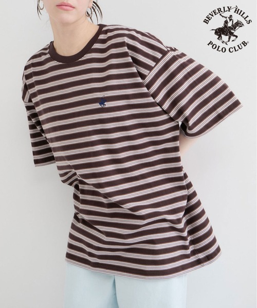 BEVERLY HILLS POLO CLUB(ビバリーヒルズポロクラブ)の「【BEVERLY HILLS POLO CLUB】1ポイント刺繍ボーダーTシャツ(Tシャツ/カットソー・メンズ・ブラック/ダークブラウン・M/L/LL)」の2枚目の写真