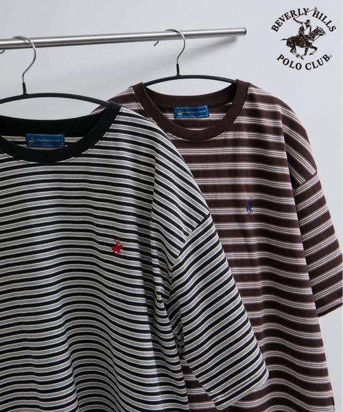 BEVERLY HILLS POLO CLUB(ビバリーヒルズポロクラブ)の「【BEVERLY HILLS POLO CLUB】1ポイント刺繍ボーダーTシャツ(Tシャツ/カットソー・メンズ・ブラック/ダークブラウン・M/L/LL)」の1枚目の写真