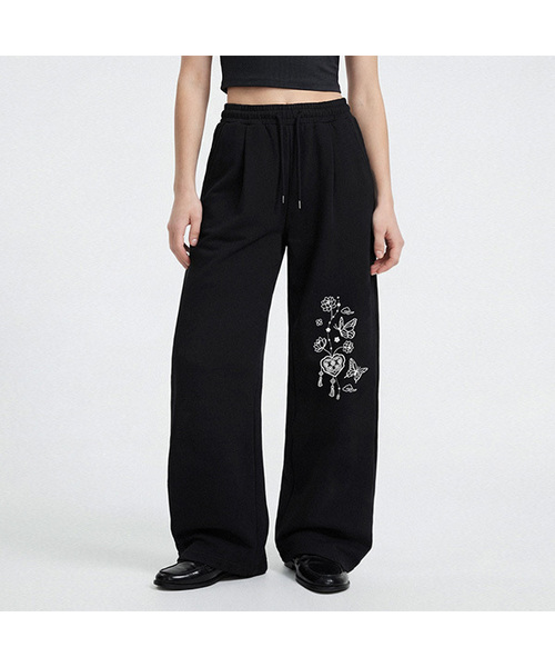 RANDOMOFF(ランダムオフ)の「BUTTERFLY DREAM ONE TUCK WIDE SWEAT PANTS (2color)(スウェットパンツ・レディース・ライトグレー/ブラック・SMALL/MEDIUM/LARGE)」の1枚目の写真