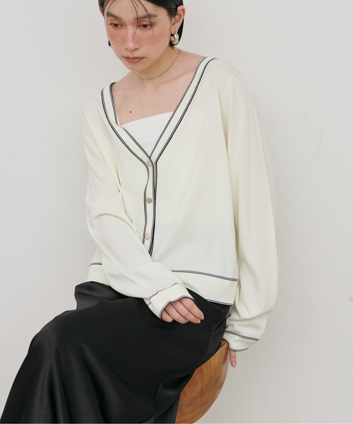 LARUTA(ラルータ)の「【LARUTA】強撚配色ラインカーディガン(カーディガン/ボレロ・レディース・ネイビー/ミント/キャメル/グレイッシュベージュ/オフホワイト・FREE)」の9枚目の写真