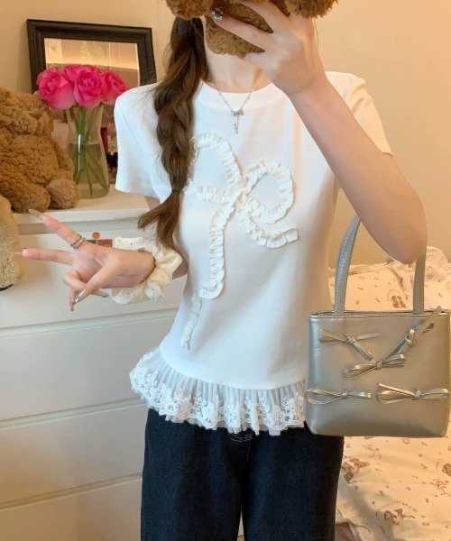 SHEPP(シープ)の「リボンモチーフ フリルティアードプルオーバー(Tシャツ/カットソー・レディース・ホワイト・S/M)」の6枚目の写真