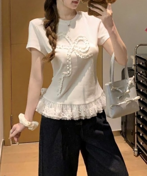 SHEPP(シープ)の「リボンモチーフ フリルティアードプルオーバー(Tシャツ/カットソー・レディース・ホワイト・S/M)」の5枚目の写真