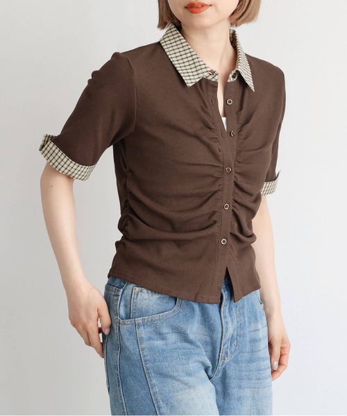 tiptop(ティップトップ)の「チェック襟ギャザーカットソー(Tシャツ/カットソー・レディース・ブラック/チャコールグレー/ブラウン・FREE)」の3枚目の写真