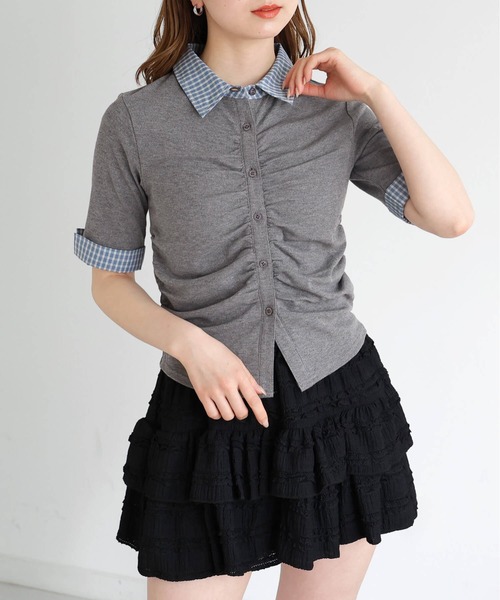 tiptop(ティップトップ)の「チェック襟ギャザーカットソー(Tシャツ/カットソー・レディース・ブラック/チャコールグレー/ブラウン・FREE)」の2枚目の写真