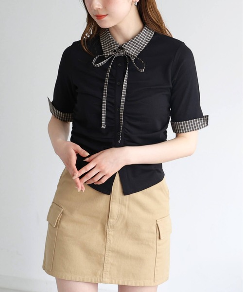 tiptop(ティップトップ)の「チェック襟ギャザーカットソー(Tシャツ/カットソー・レディース・ブラック/チャコールグレー/ブラウン・FREE)」の1枚目の写真
