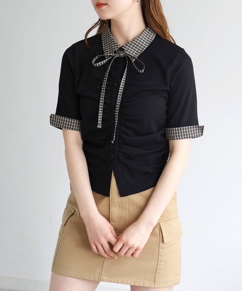 tiptop(ティップトップ)の「チェック襟ギャザーカットソー(Tシャツ/カットソー・レディース・ブラック/チャコールグレー/ブラウン・FREE)」の4枚目の写真