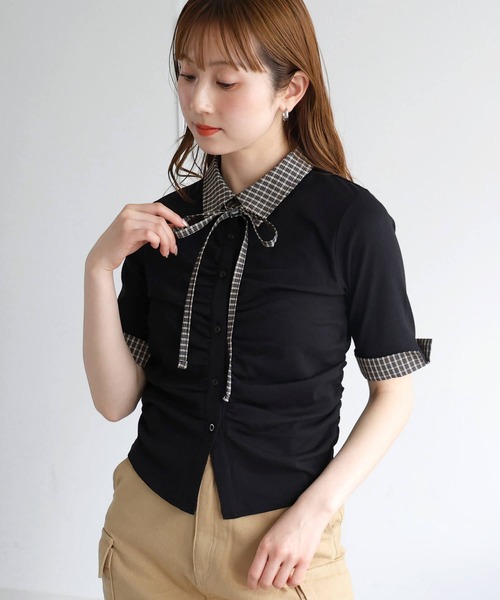 tiptop(ティップトップ)の「チェック襟ギャザーカットソー(Tシャツ/カットソー・レディース・ブラック/チャコールグレー/ブラウン・FREE)」の5枚目の写真